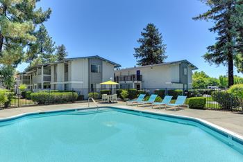 Swimming pool with lounge chairs.  Property buildings in the background and trees. at Renaissance Park Apartments, Davis ,36305